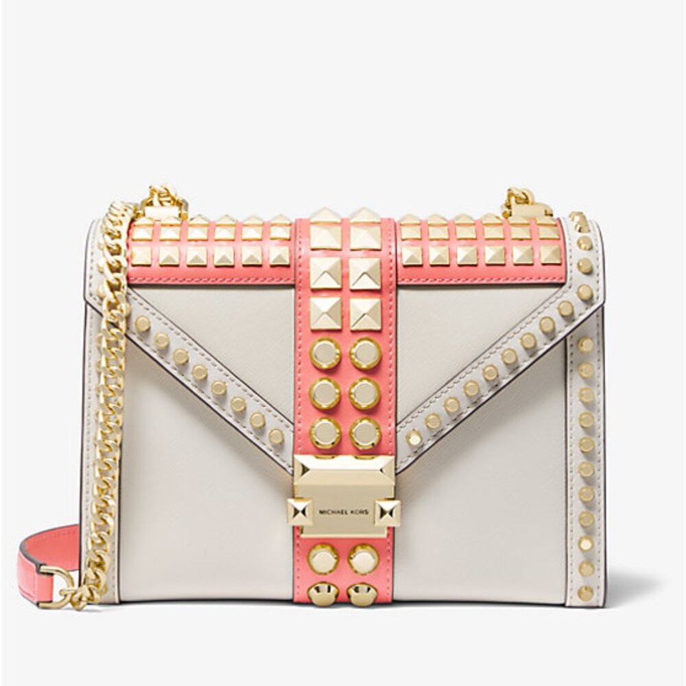 Whitney Large Studded Saffiano Leather Convertible Shoulder Bag